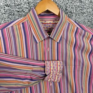 Bugatchi Uomo Shirt Mens 2XL Multicolor Stripe Button Up Flip Cuff Vintage 90s